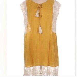 Umgee SZ S Yellow & Lace Tunic/Dress Sleeveless Boho W/Neck Tassel Semi Sheer